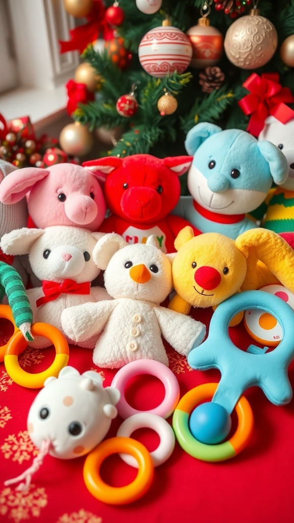 A variety of safe and colorful toys for a 4-month-old baby, including plush toys and rattles, set against a Christmas-themed backdrop.